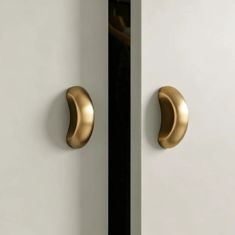 French Antique Brass Half Moon Cabinet Pulls 1.84 Inch Arch Drawer Handles Set of 2 on white cabinet doors