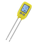 4 In 1 NPK Soil Tester with Temperature Readings for Indoor and Outdoor Gardening, yellow device with steel probes and backlit screen.