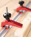 Rock Solid Aluminum T Track Hold Down Clamps For Woodworking And Metalworking Projects Plus Quick Slide In T Slot Press Clamps on wooden surface.