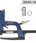 Pneumatic Carton Sealing And Side Stapler For Corrugated Boxes Air Sealer Nailer Gun SP50-10B Lightweight Yet Durable Box Packing Tool With 3.9 KG/CM2 Working Pressure Great For Fast Pro-Grade Packaging, blue side view with staples and air fitting