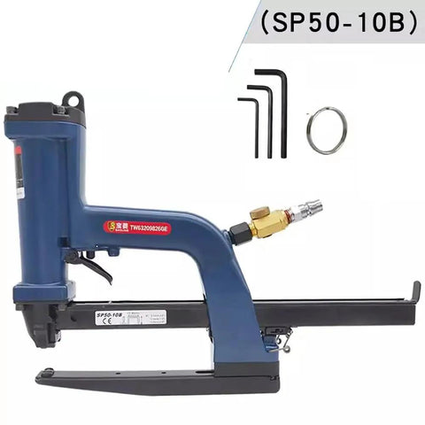 Pneumatic Carton Sealing And Side Stapler For Corrugated Boxes Air Sealer Nailer Gun SP50-10B Lightweight Yet Durable Box Packing Tool With 3.9 KG/CM2 Working Pressure Great For Fast Pro-Grade Packaging, blue side view with staples and air fitting