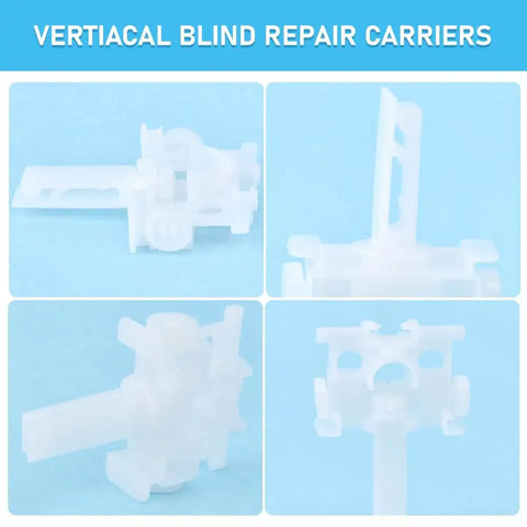12 Piece Vertical Blind Repair Kit With Carrier Stem And Strap Universal Replacement Parts Rock Solid Pom Build close-up of white carriers.