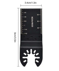 Front view of universal oscillating saw blade for wood, 3.4 cm wide, HCS for wood, mounting holes visible