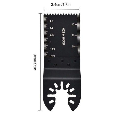 Front view of universal oscillating saw blade for wood, 3.4 cm wide, HCS for wood, mounting holes visible