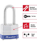 Two Pack Laminated Steel Padlocks With Keys Keyed Alike For Indoor Outdoor Security, shown with hardened steel shackle and features