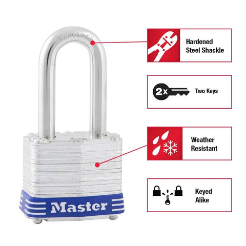 Two Pack Laminated Steel Padlocks With Keys Keyed Alike For Indoor Outdoor Security, shown with hardened steel shackle and features