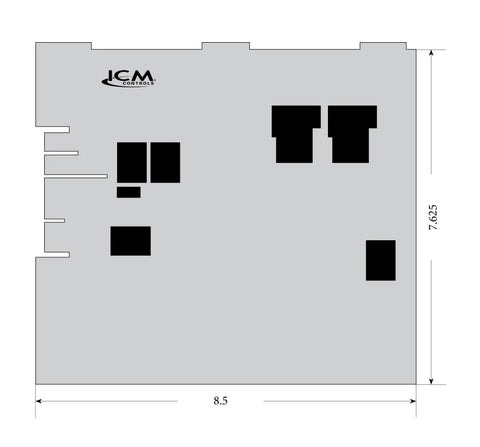 Diagram of Furnace Control Replacement Module 281 for Carrier systems, dimensions 8.5x7.625 inches shown.