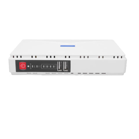 Mini UPS Battery Backup 8800mAh For WiFi Routers And Modems Us Plug shown from side view with power indicator and ports.
