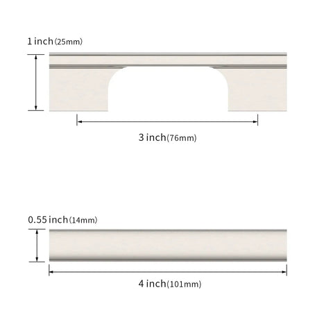 Dimensions of 10 Pack 4 Inch Dark Champagne Bronze Cabinet Handles Built To Last, Brushed Brass Drawer Pulls, showing size in inches and mm.