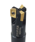 Accusize square-shoulder indexable end mill with APKT11T3 carbide inserts, 3-flute, gold inserts on black holder