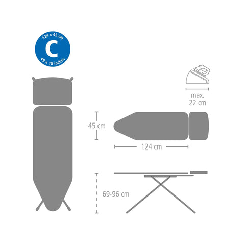 Dimensions diagram for Replacement Ironing Board Cover For XL Comfort Board Size C One Hundred Percent Cotton Top Layer