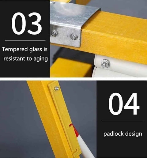 Heavy Duty Retractable Safety Barricade With Mobile Traffic Guardrail showing temper glass and padlock design features.