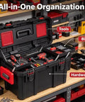 Beefy 19 Inch Tool Box With Big Small Parts Organizer Tray For Nuts Bolts Screws And Drill Bits Made From Dang Tough Resin, open showing tools and bits.