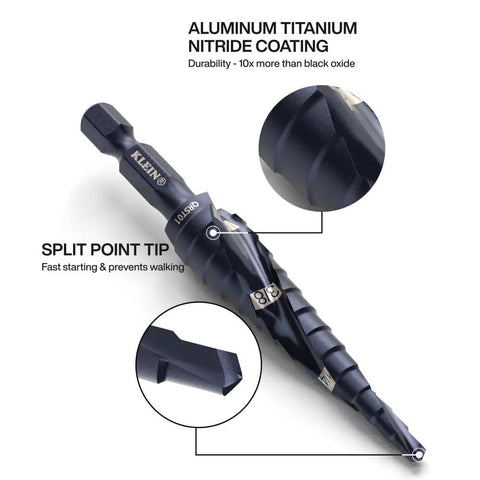 Quick-Release Step Bit Set For Impact Drills, Klein Tools QRST2S with aluminum titanium nitride coating and impact-ready hex shank