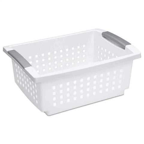 Medium Stacking Baskets Pack Of 6 With White Finish And Titanium Accents, Durable plastic organizer bin for versatile storage