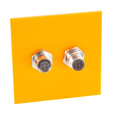 Bulkhead M12 D Code 4 Pin Male To Female Connector IP67 Shielded Wall Pass Thru Panel Mount Socket displayed on yellow panel