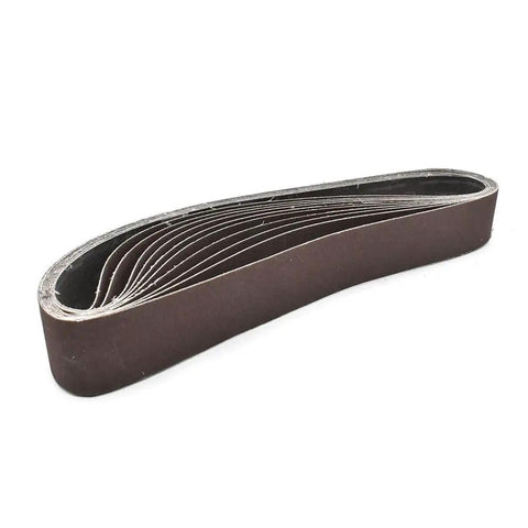 HPG120-10 One And One Half Inch By Thirty Inch Aluminum Oxide Sanding Belt 120 Grit Ten Pack displayed, showing size and material