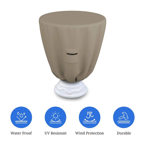 Winter Round Bird Bath Cover For Outdoor Use, Waterproof And UV Resistant All Season, 12 Oz PVC Coated Polyester displayed over bird bath base.