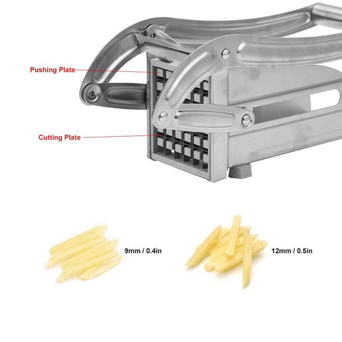 Amazon kitchen French fry cutter with stainless steel blades; manual vegetable slicer with 9mm and 12mm fry cuts