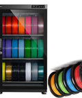 Workhorse Grade 3D Printer Filament Storage Cabinet With Huge 115 Liter Space storing colorful spools in a sleek black unit.