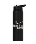 Skybound Sailplane Pilot Water Bottle For Aviation Fans Stainless Steel Insulated Bottle Keeps Drinks Hot Or Cold Dope Gift For Glider Lovers And Sailplane Flyers Who Live For The Sky, black bottle with glider image and 'Powered by Nature' text