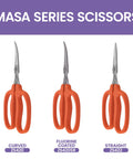 Curved Masamasa Scissors 10 Pack Workhorse Garden Tools For Precision Cutting with orange handles, three styles displayed