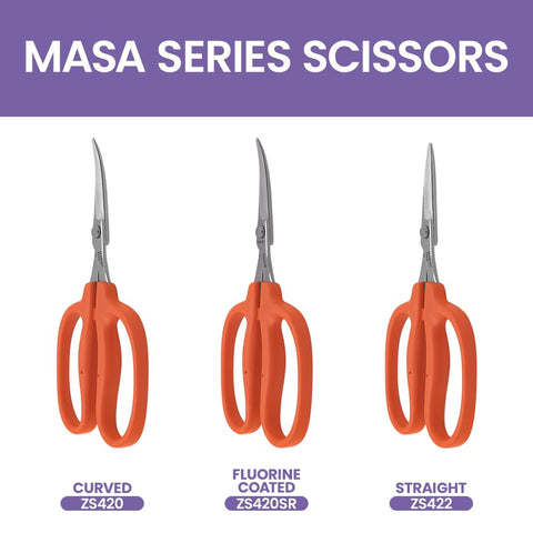 Curved Masamasa Scissors 10 Pack Workhorse Garden Tools For Precision Cutting with orange handles, three styles displayed