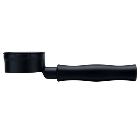 58MM Bottomless Portafilter With Titanium PVD Coated Head And Anodized Aluminum Handle, side view with ergonomic handle.