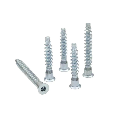Heavy Duty Hex Socket Countersunk Confirmat Wood Screws For Knock Down Furniture Assembly Premium Steel Fasteners M7 X 70mm, five screws with hex heads.