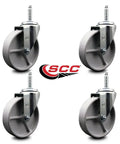 Swivel Threaded Stem Caster Set Of Four With 5 Inch Wheels And One And A Quarter Inch Hubs Five Eighth Inch Thread Posi Lock Brakes