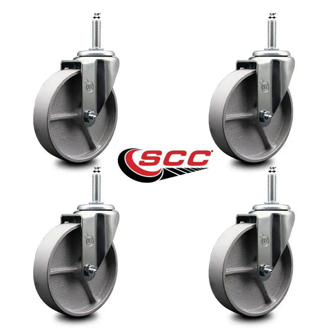 Swivel Threaded Stem Caster Set Of Four With 5 Inch Wheels And One And A Quarter Inch Hubs Five Eighth Inch Thread Posi Lock Brakes