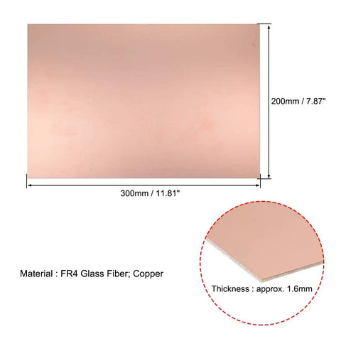 Single Sided Copper Clad FR4 PCB Board 300x200mm 1.6mm Thick for DIY Prototyping with dimensions and material details shown