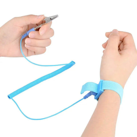 Person wearing 16 Pack ESD Anti Static Wrist Straps With Grounding Wire Extendable 1.8 Meter Coiled Cord Up To 71 Inches Alligator Clip