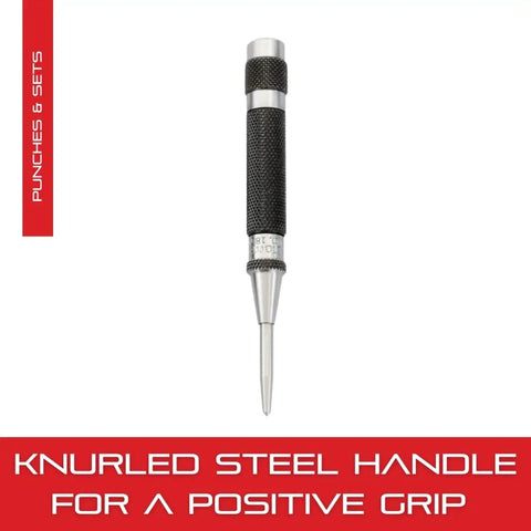 Automatic Center Punch With Hardened Steel Construction, black knurled handle, 100mm length, 11mm diameter, tapered tip