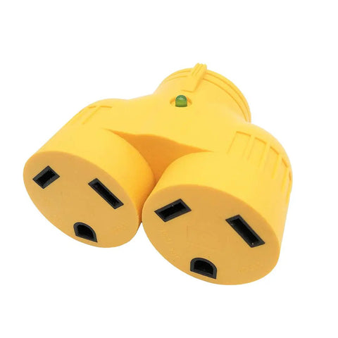 Yellow NEMA TT-30 RV Power Splitter Adapter 125V 30A Lighted TT-30P to Dual TT-30R Receptacles with Copper Terminal