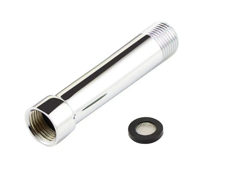 Shower Arm Extension 4 Inch Chrome Finish Stainless Steel, includes mesh washer, shown against white background.