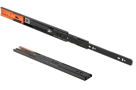 Three Section Buffer Drawer Slides For Cabinets With Smooth Glide And Soft Close In Black Bronze Finish with orange detail visible