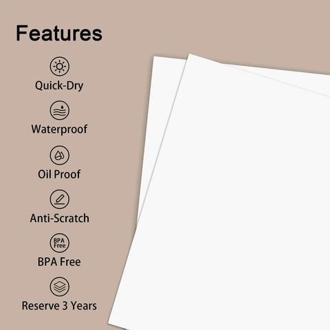 Bulk Pack 100 Sheets 8.5x11 US Letter Thermal Printer Paper For On The Go Portable Printers, features list with white sheets.