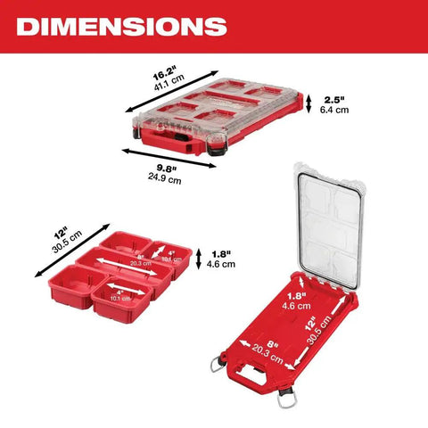 Dimensions of Packout Compact Low-Profile Tool Organizer With Transfer Tank Storage shown with measurements in red.