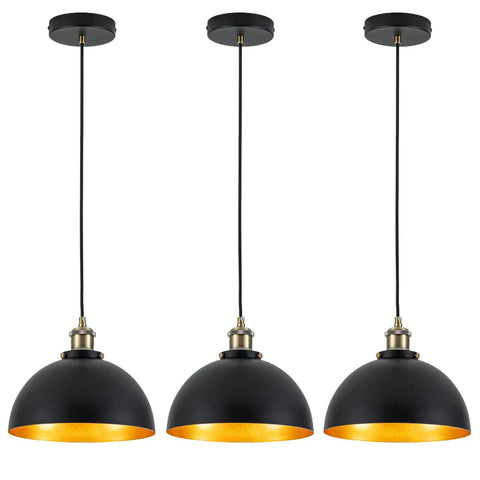 Mini Black Pendant Light With Gold Interior Finish 3 Pack 9.84 Inch Dome Farmhouse Style Retro Industrial Pendant Lamps