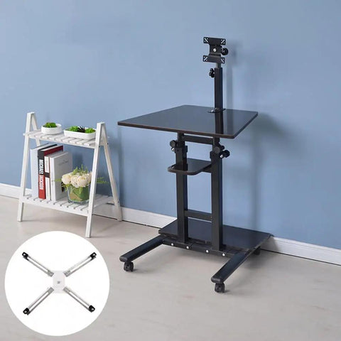 Height Adjustable Standing Laptop Desk With Smooth Rolling Wheels For An Ergonomic Sit Stand Workspace That Brings A Hella Fresh Vibe To Small Bedrooms And Cozy Home Office Setups, showcasing black top and smooth wheels.