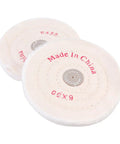 Two Piece White Cloth Polishing Wheel Set For Jewelry And Aluminum Projects 6 Inch Abrasive Grinding Wheel with visible text