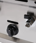 Close-up of control dials and low pressure valve on Commercial Stainless Steel Six Hole Gas Pasta Cooker With Hose Low Pressure Valve And Mesh Filters Straight Up Solid Noodle Boiler Dumplings Soup Stock Pot Essentials.