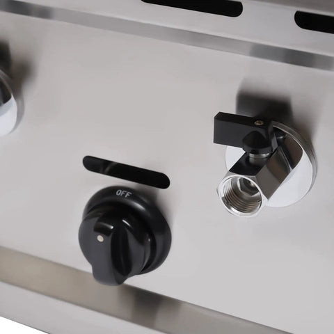 Close-up of control dials and low pressure valve on Commercial Stainless Steel Six Hole Gas Pasta Cooker With Hose Low Pressure Valve And Mesh Filters Straight Up Solid Noodle Boiler Dumplings Soup Stock Pot Essentials.