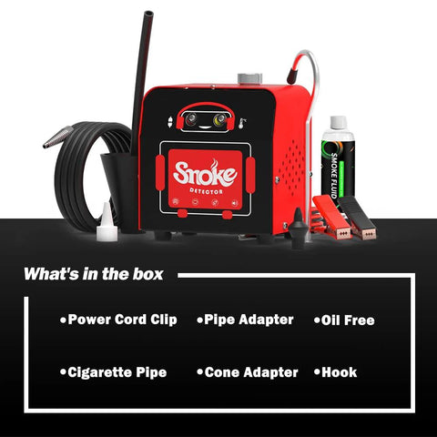 Solary SD101 automotive smoke leak tester kit in red with coiled hose, oil fluid bottle and assorted adapters.