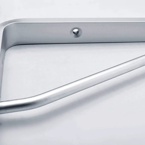 Two Piece Solid Aluminum Alloy Corner Shelf Brackets Rock Solid Wall Mount Support close-up showing rounded edges and mounting hole.