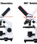 40X-2000X Microscope For Students And Adults, showing 45-degree observation and 360-degree rotation features.