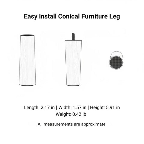Mid Century Style Tapered Cone Furniture Leg With M8 Thread Durable PP Plastic Replacement Leg, dimensions shown