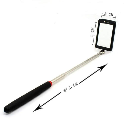 Telescoping LED Inspection Mirror With 360 Degree Swivel And Dual Bright Lights For Hard To See And Reach Areas 34 Inch Extendable Handle Compact Collapsed Size For Tight Corners And Dead Angles., black rectangular mirror 5 x 6 cm with silver telescoping handle