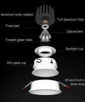 Heavy Duty 7W Led Recessed Downlight Bundle With Crisp CRI95 Glow And Anti Glare Shield In A Slim 3.3 Inch Cutout disassembled parts view.